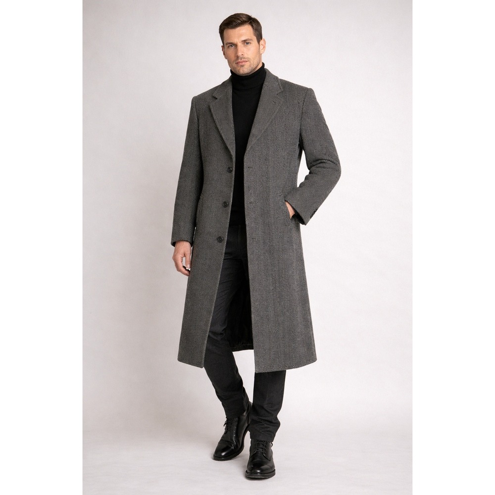 Vintage Lytton's Mens L Grey Herringbone Wool Overcoat Long‎ Heavy Trench Coat
